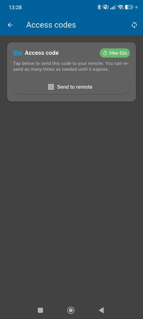 Guardcell app access code card with a countdown and a Send to remote button