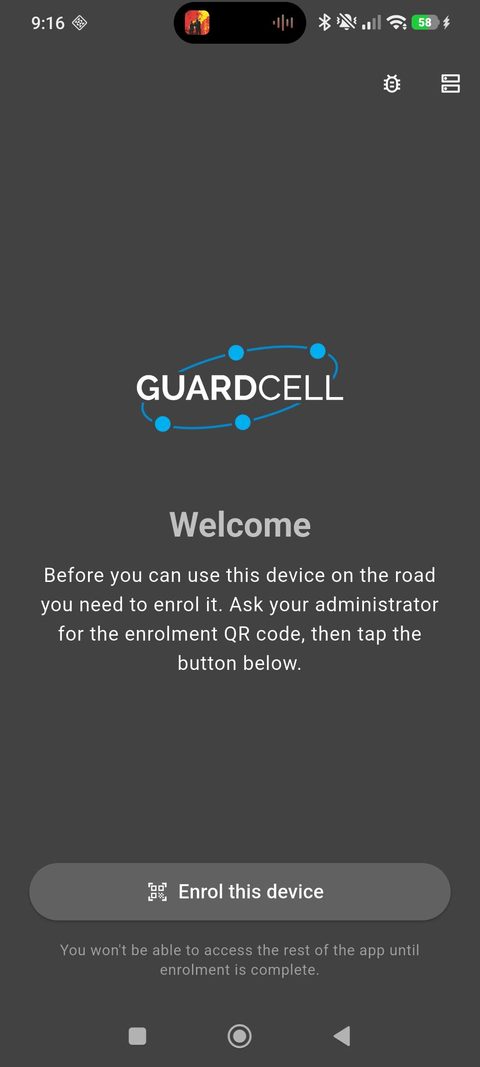 Guardcell app welcome screen prompting the operator to enrol the device