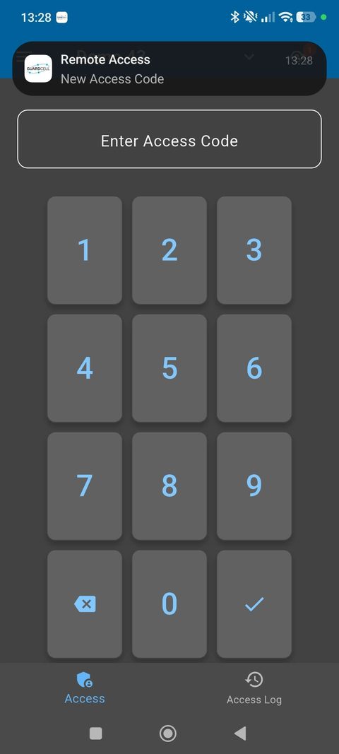 Guardcell app showing a new access code notification